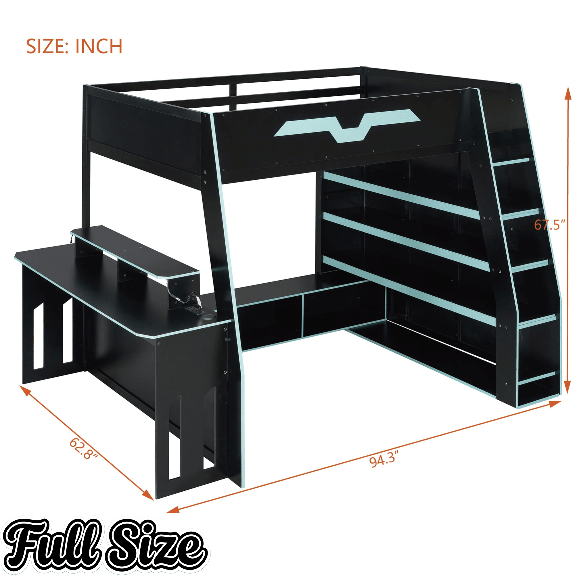Bellemave® Gaming Loft Bed with Desk and Shelves,Esports Design for PC & Console Gamers,Full Size Wood Loft Bed Frame with RGB Light - Bellemave