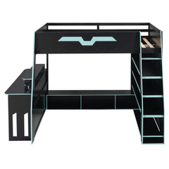Bellemave® Gaming Loft Bed with Desk and Shelves,Esports Design for PC & Console Gamers,Full Size Wood Loft Bed Frame with RGB Light - Bellemave