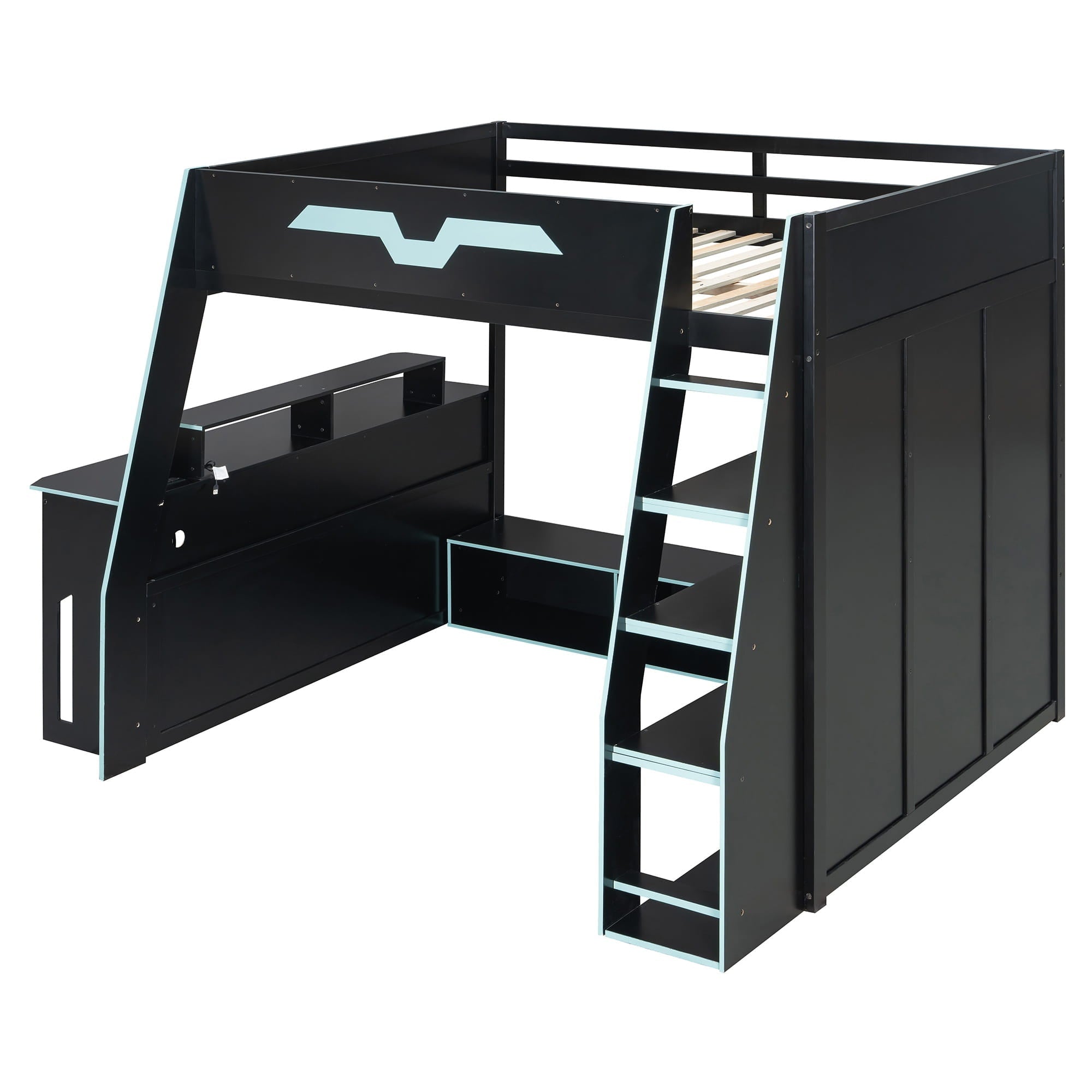 Bellemave® Gaming Loft Bed with Desk and Shelves,Esports Design for PC & Console Gamers,Full Size Wood Loft Bed Frame with RGB Light - Bellemave