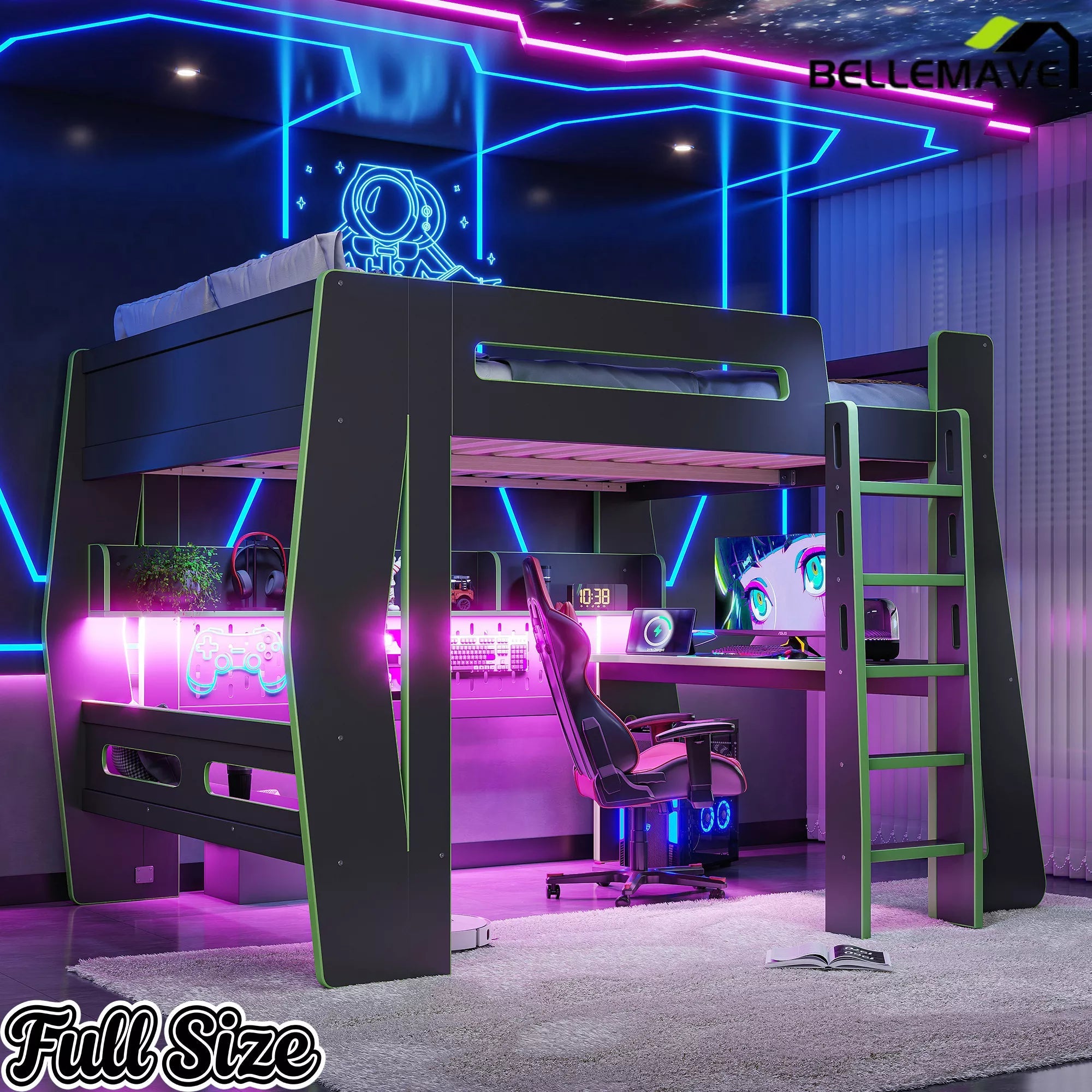 Bellemave® Gaming Loft Bed with Desk and Storage, LED Loft Bed Frame for Teens with Space-Saving Design - Bellemave