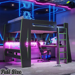 Bellemave® Gaming Loft Bed with Desk and Storage, LED Loft Bed Frame for Teens with Space-Saving Design - Bellemave