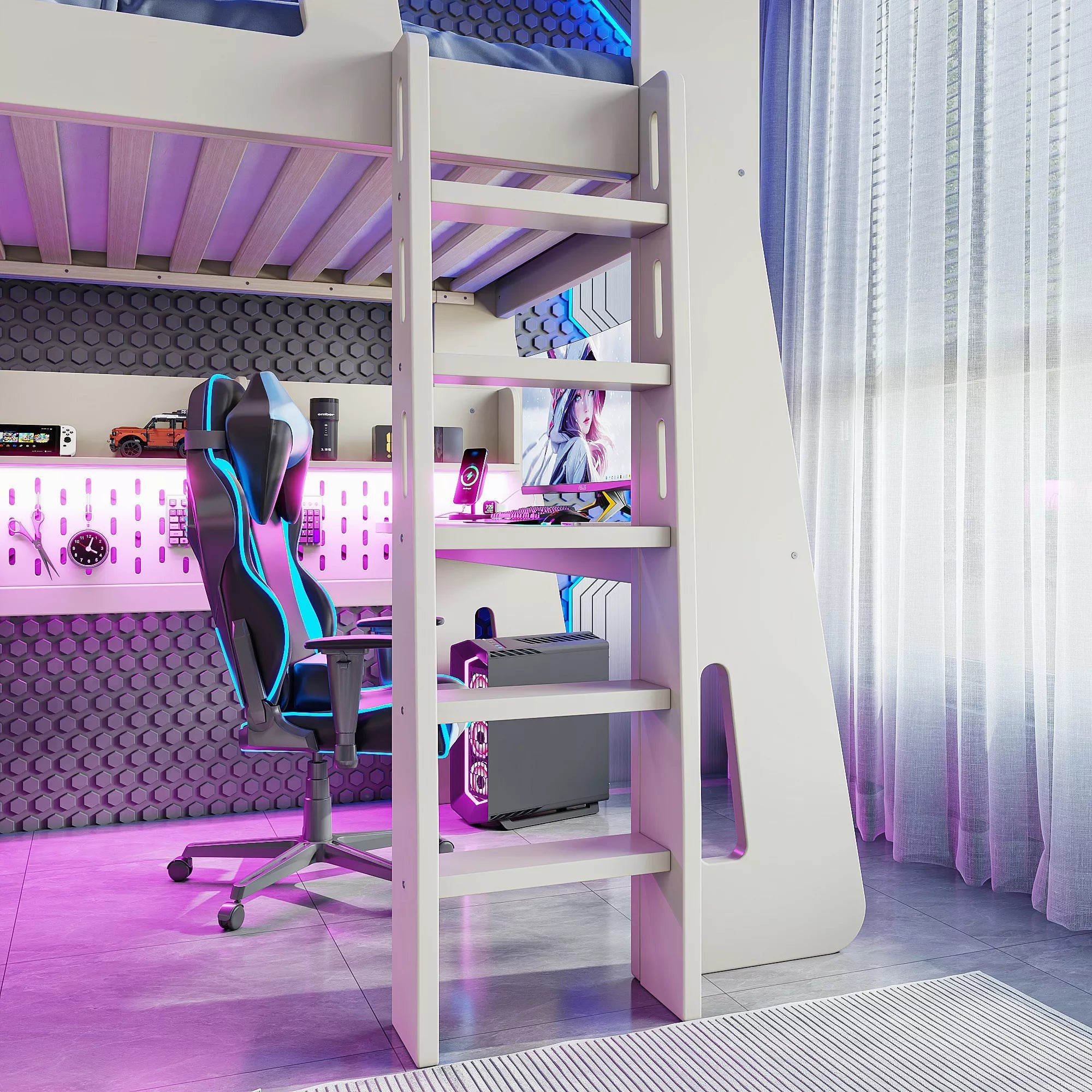 Bellemave® Gaming Loft Bed with Desk and Storage, LED Loft Bed Frame for Teens with Space-Saving Design - Bellemave