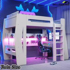 Bellemave® Gaming Loft Bed with Desk and Storage, LED Loft Bed Frame for Teens with Space-Saving Design - Bellemave