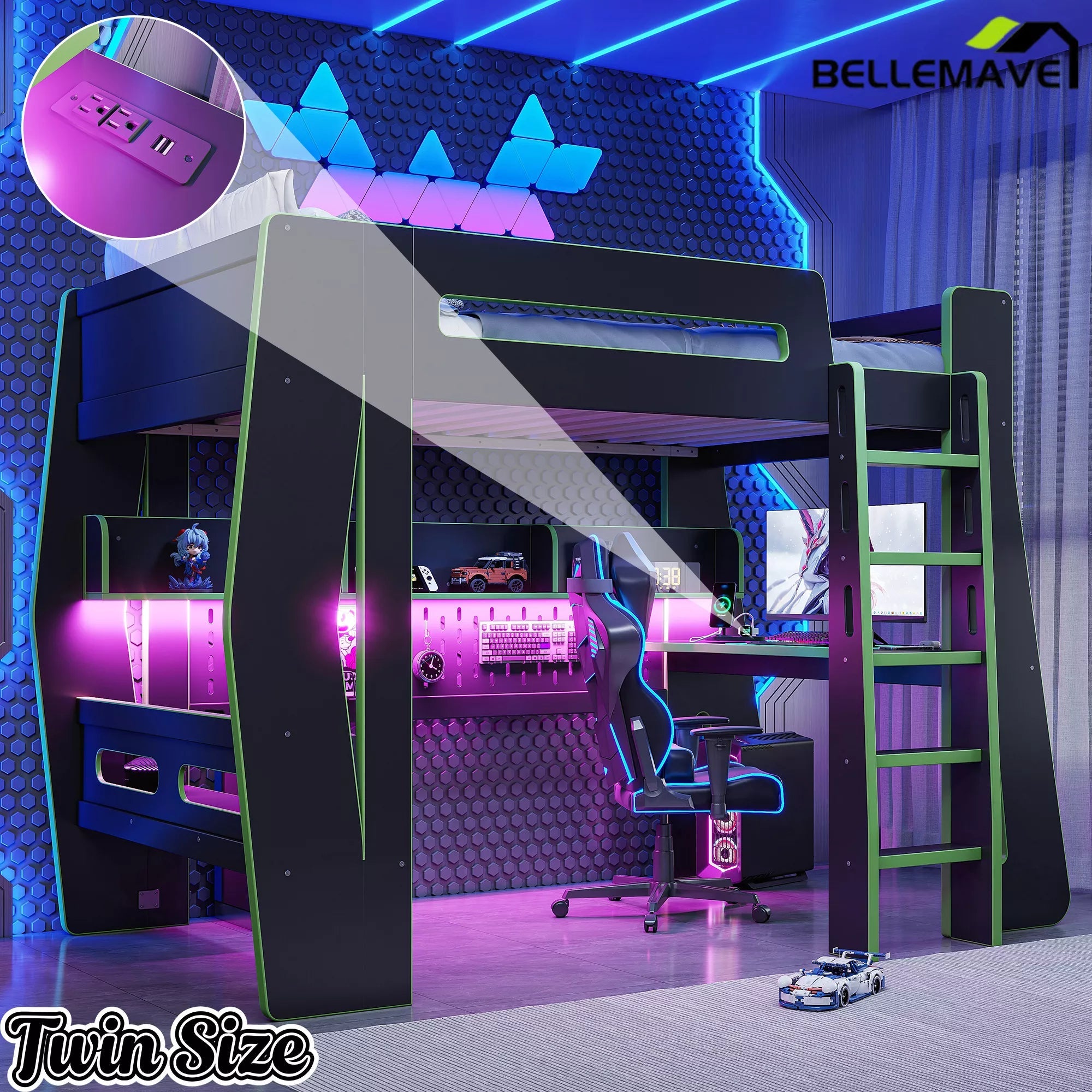 Bellemave® Gaming Loft Bed with Desk and Storage, LED Loft Bed Frame for Teens with Space-Saving Design - Bellemave