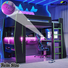 Bellemave® Gaming Loft Bed with Desk and Storage, LED Loft Bed Frame for Teens with Space-Saving Design - Bellemave