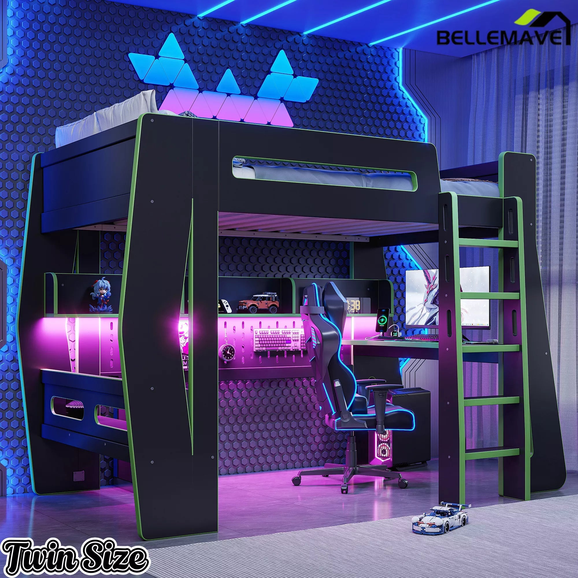 Bellemave® Gaming Loft Bed with Desk and Storage, LED Loft Bed Frame for Teens with Space-Saving Design - Bellemave