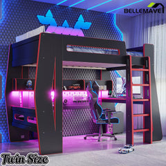 Bellemave® Gaming Loft Bed with Desk and Storage, LED Loft Bed Frame for Teens with Space-Saving Design - Bellemave