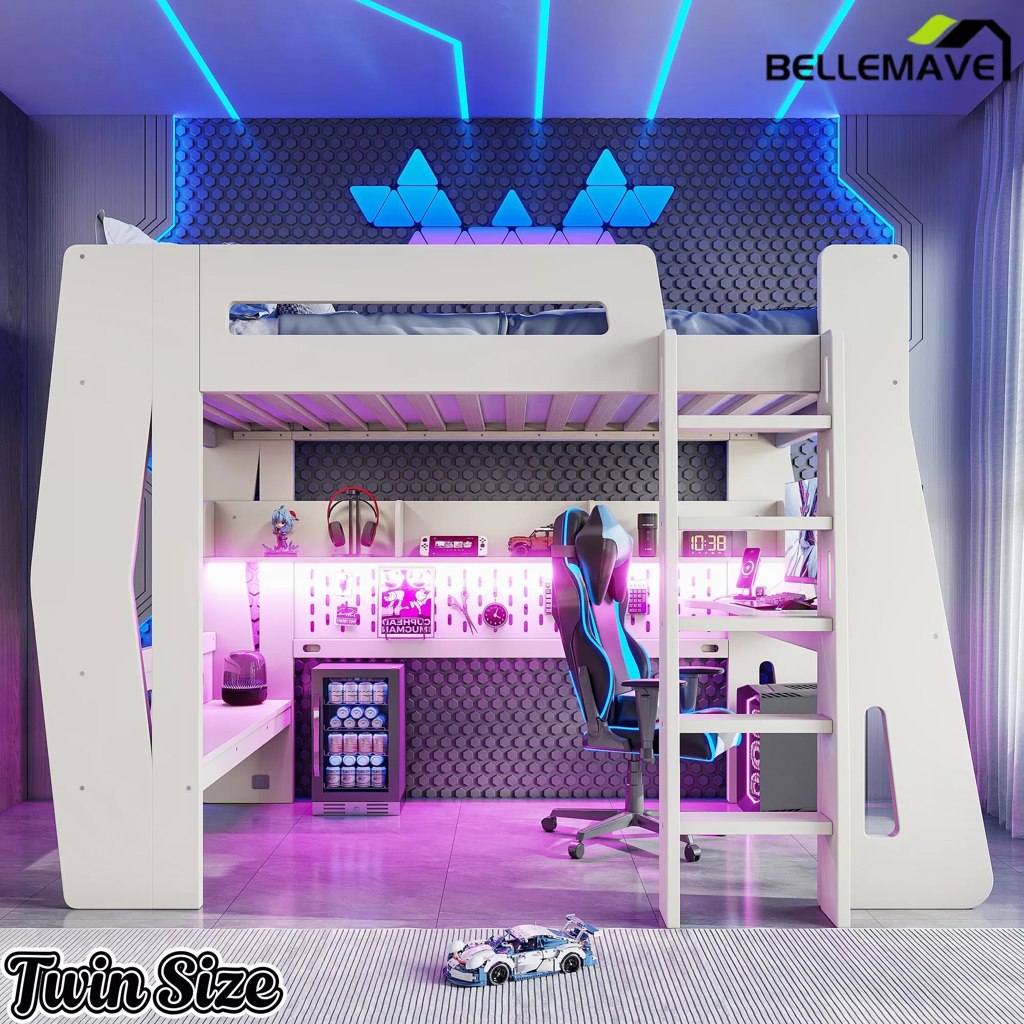 Bellemave® Gaming Loft Bed with Desk and Storage, LED Loft Bed Frame for Teens with Space-Saving Design - Bellemave