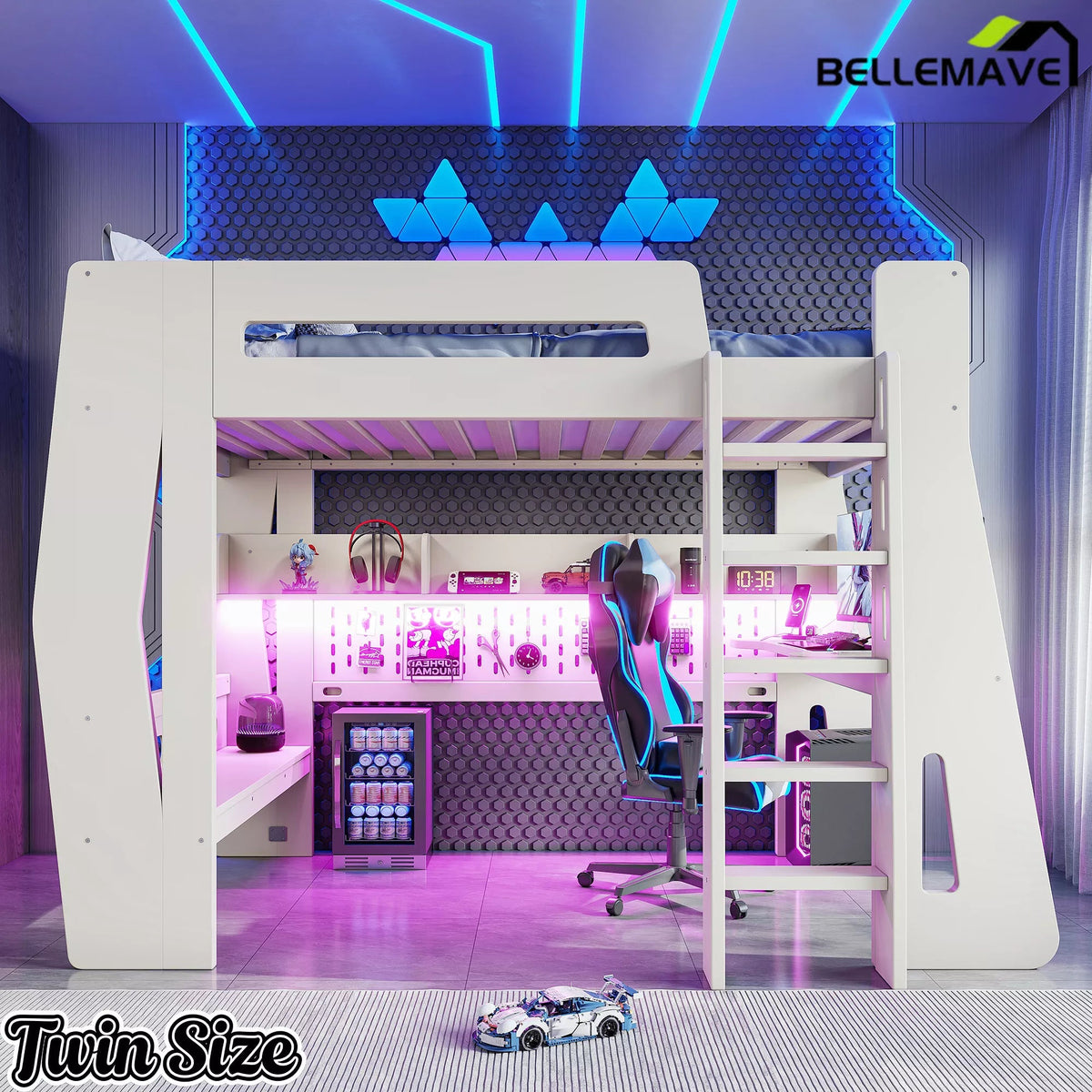 Bellemave® Gaming Loft Bed with Desk and Storage, LED Loft Bed Frame for Teens with Space-Saving Design - Bellemave