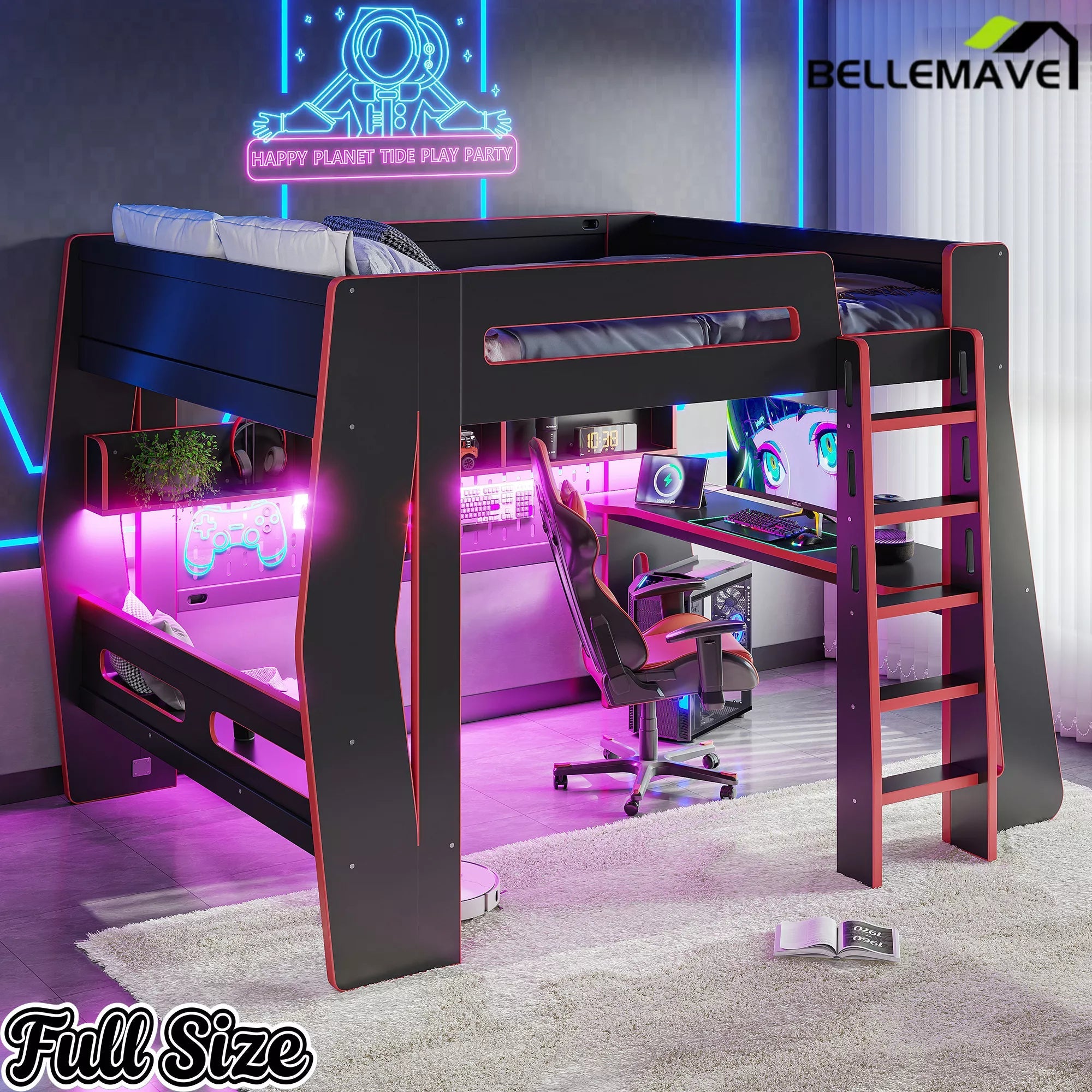 Bellemave® Gaming Loft Bed with Desk and Storage, LED Loft Bed Frame for Teens with Space-Saving Design - Bellemave