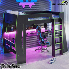 Bellemave® Gaming Loft Bed with Desk and Storage, LED Loft Bed Frame for Teens with Space-Saving Design - Bellemave