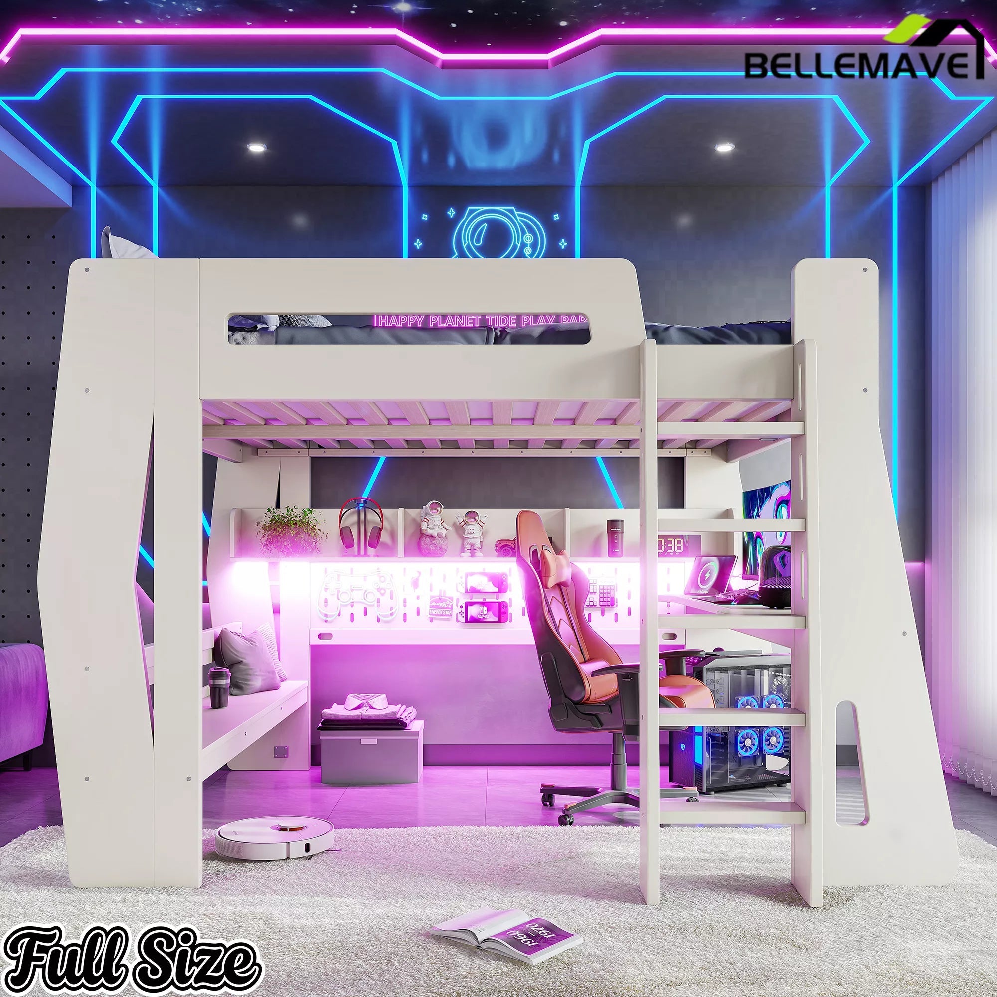 Bellemave® Gaming Loft Bed with Desk and Storage, LED Loft Bed Frame for Teens with Space-Saving Design - Bellemave