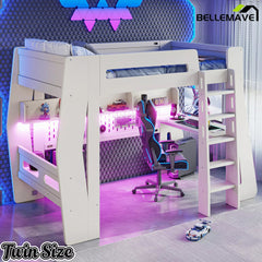 Bellemave® Gaming Loft Bed with Desk and Storage, LED Loft Bed Frame for Teens with Space-Saving Design - Bellemave