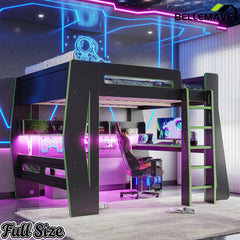 Bellemave® Gaming Loft Bed with Desk and Storage, LED Loft Bed Frame for Teens with Space-Saving Design - Bellemave
