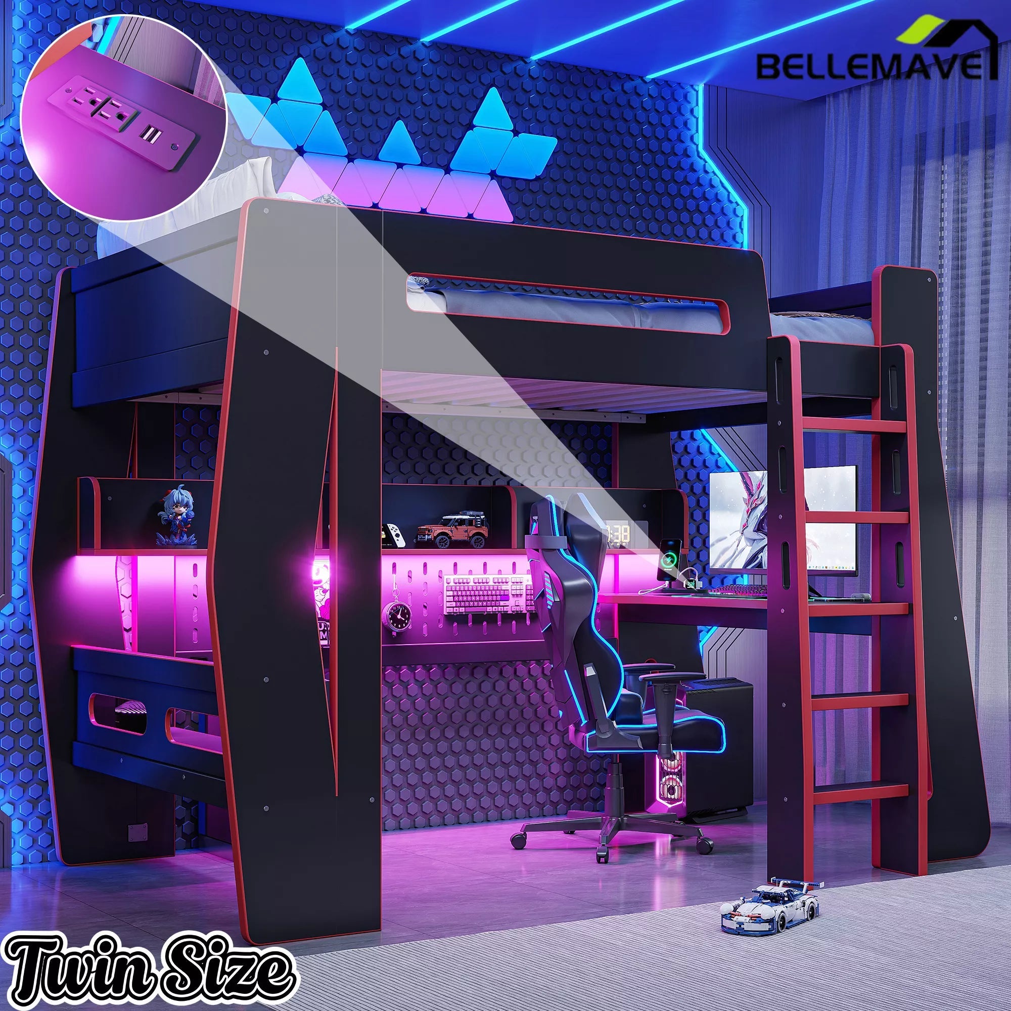 Bellemave® Gaming Loft Bed with Desk and Storage, LED Loft Bed Frame for Teens with Space-Saving Design - Bellemave