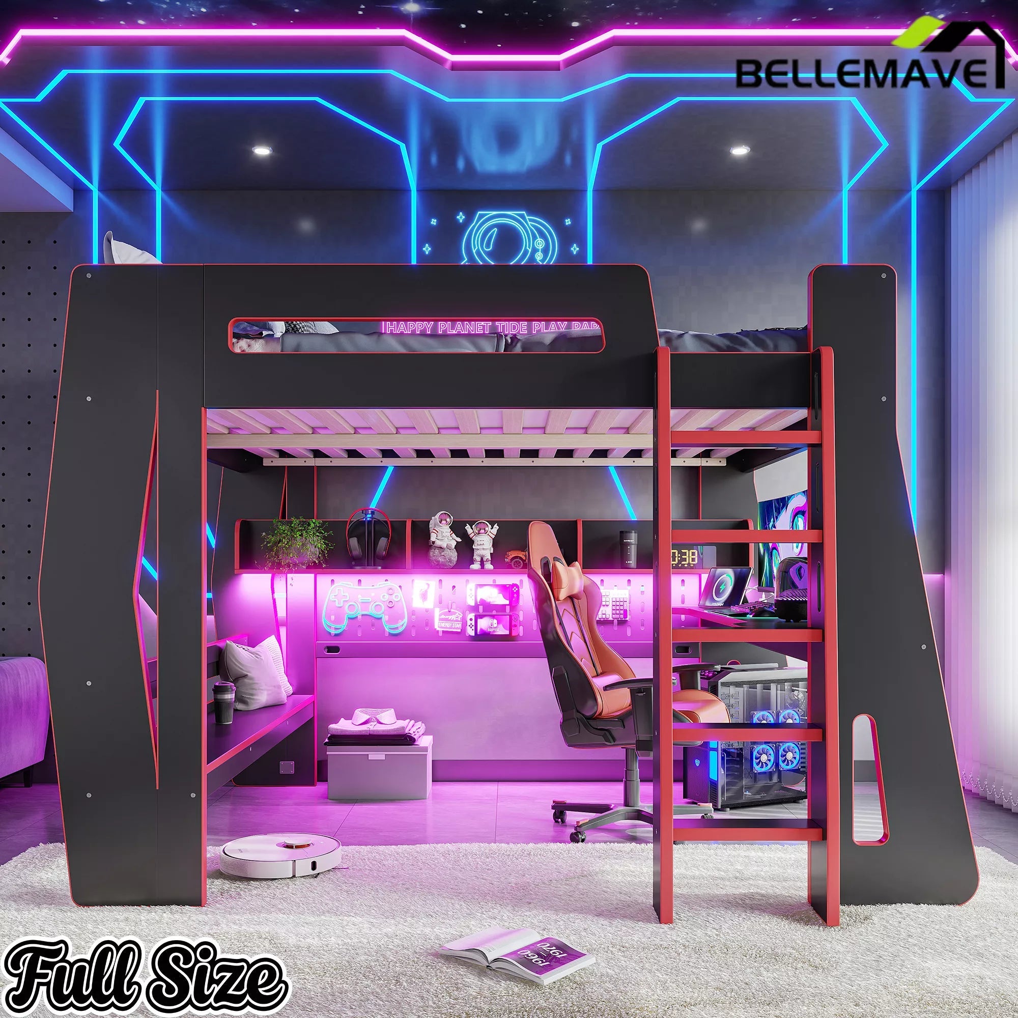 Bellemave® Gaming Loft Bed with Desk and Storage, LED Loft Bed Frame for Teens with Space-Saving Design - Bellemave