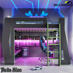 Bellemave® Gaming Loft Bed with Desk and Storage, LED Loft Bed Frame for Teens with Space-Saving Design - Bellemave