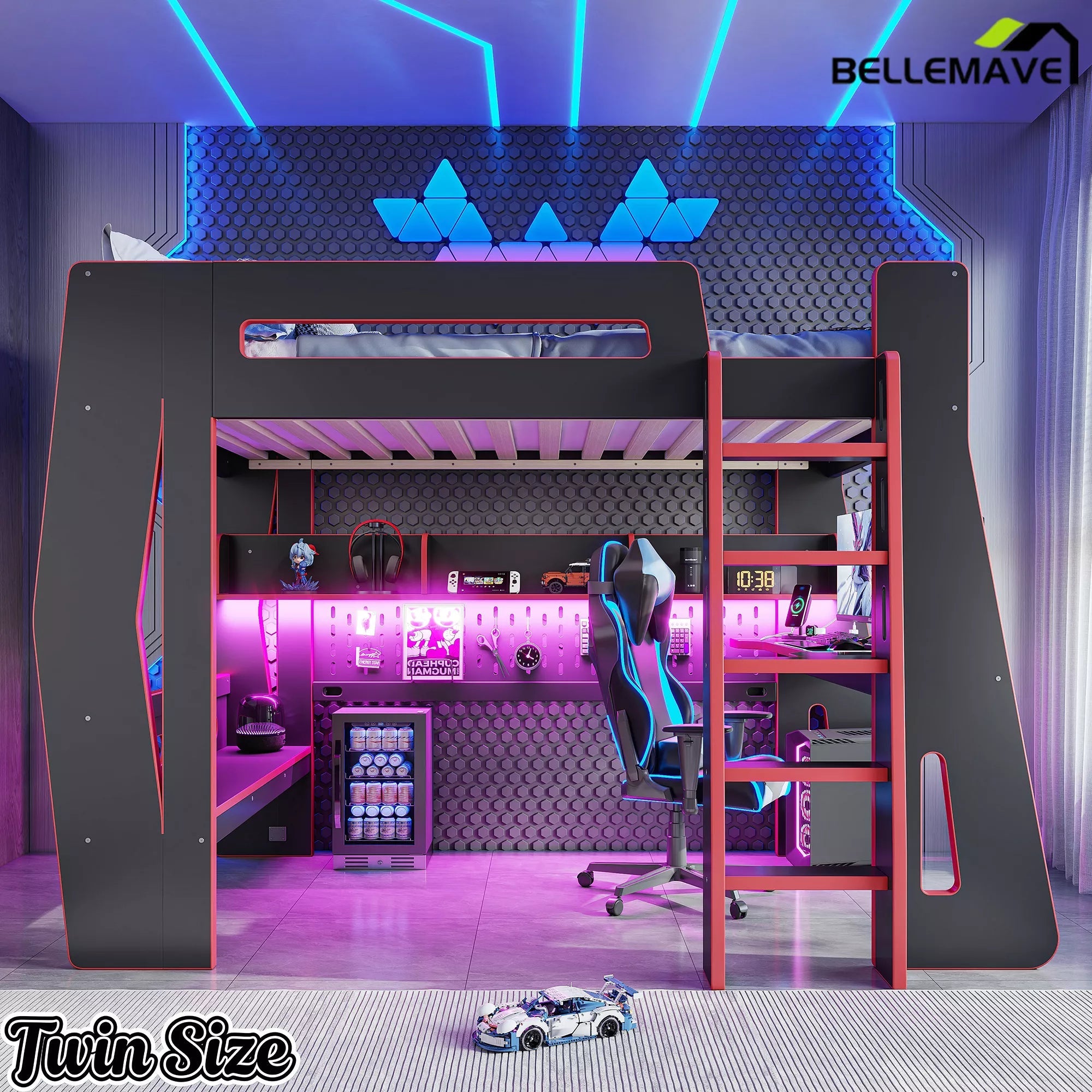 Bellemave® Gaming Loft Bed with Desk and Storage, LED Loft Bed Frame for Teens with Space-Saving Design - Bellemave