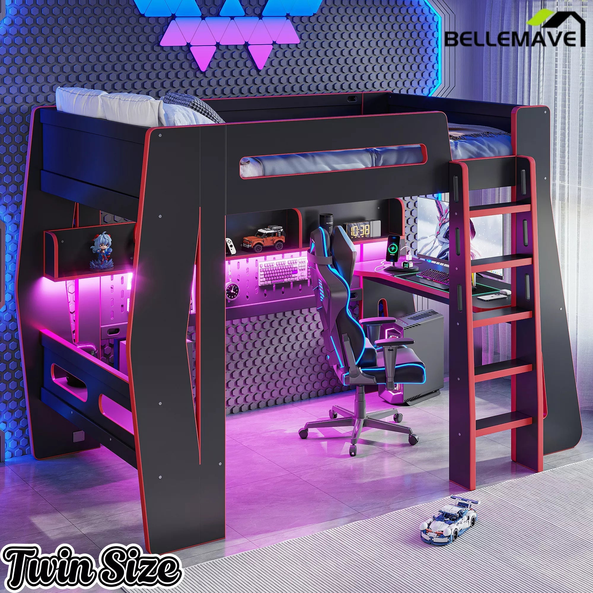 Bellemave® Gaming Loft Bed with Desk and Storage, LED Loft Bed Frame for Teens with Space-Saving Design - Bellemave