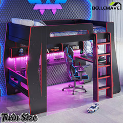 Bellemave® Gaming Loft Bed with Desk and Storage, LED Loft Bed Frame for Teens with Space-Saving Design - Bellemave
