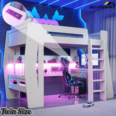 Bellemave® Gaming Loft Bed with Desk and Storage, LED Loft Bed Frame for Teens with Space-Saving Design - Bellemave