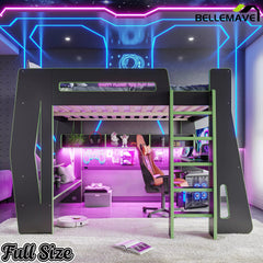Bellemave® Gaming Loft Bed with Desk and Storage, LED Loft Bed Frame for Teens with Space-Saving Design - Bellemave