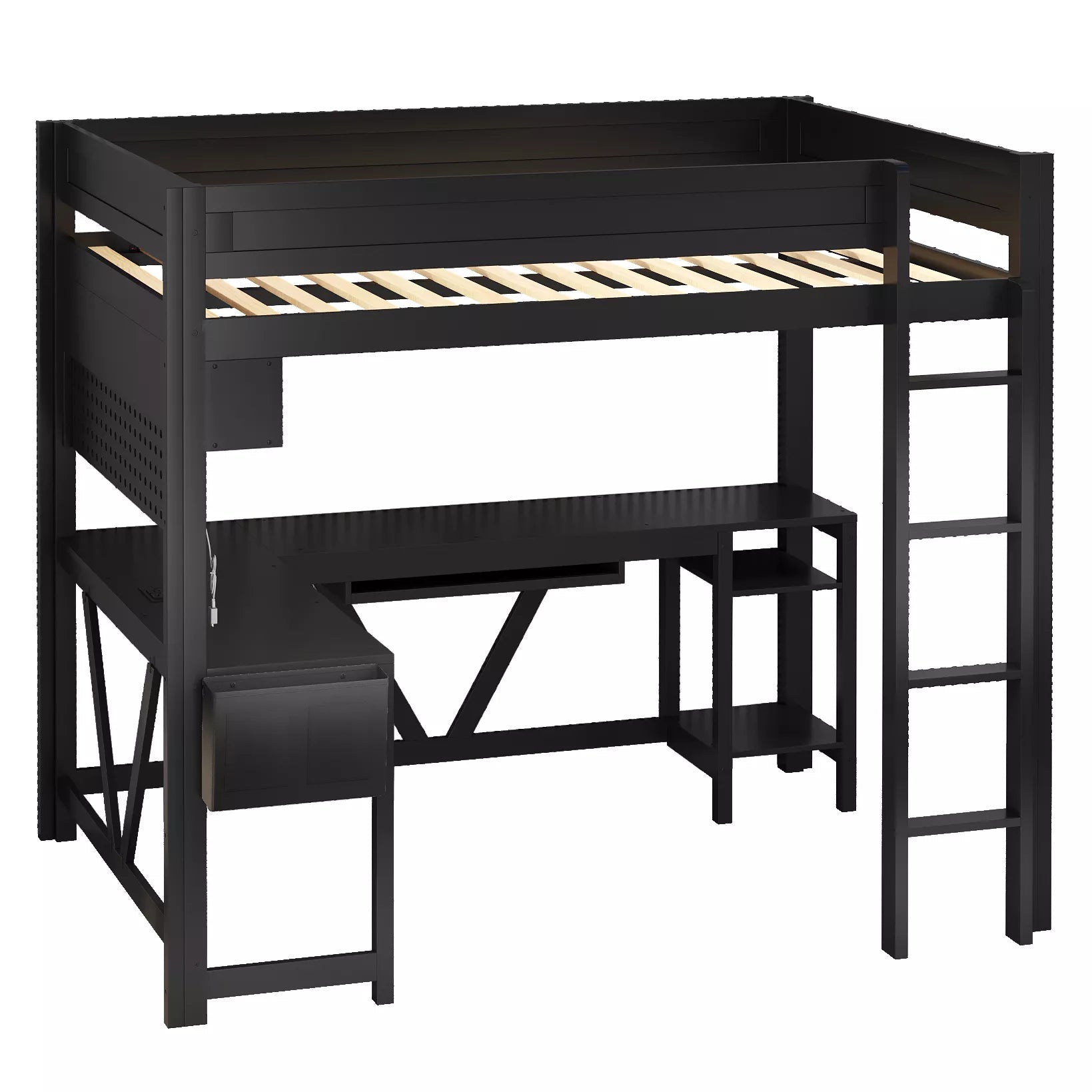Bellemave® Gaming Loft Bed with Desk, Full Size Loft Bed with LED Lights, Storage Shelves & Charging Station - Bellemave