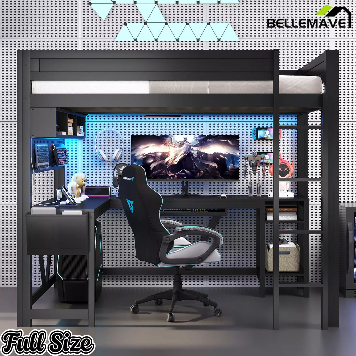 Bellemave® Gaming Loft Bed with Desk, Full Size Loft Bed with LED Lights, Storage Shelves & Charging Station - Bellemave
