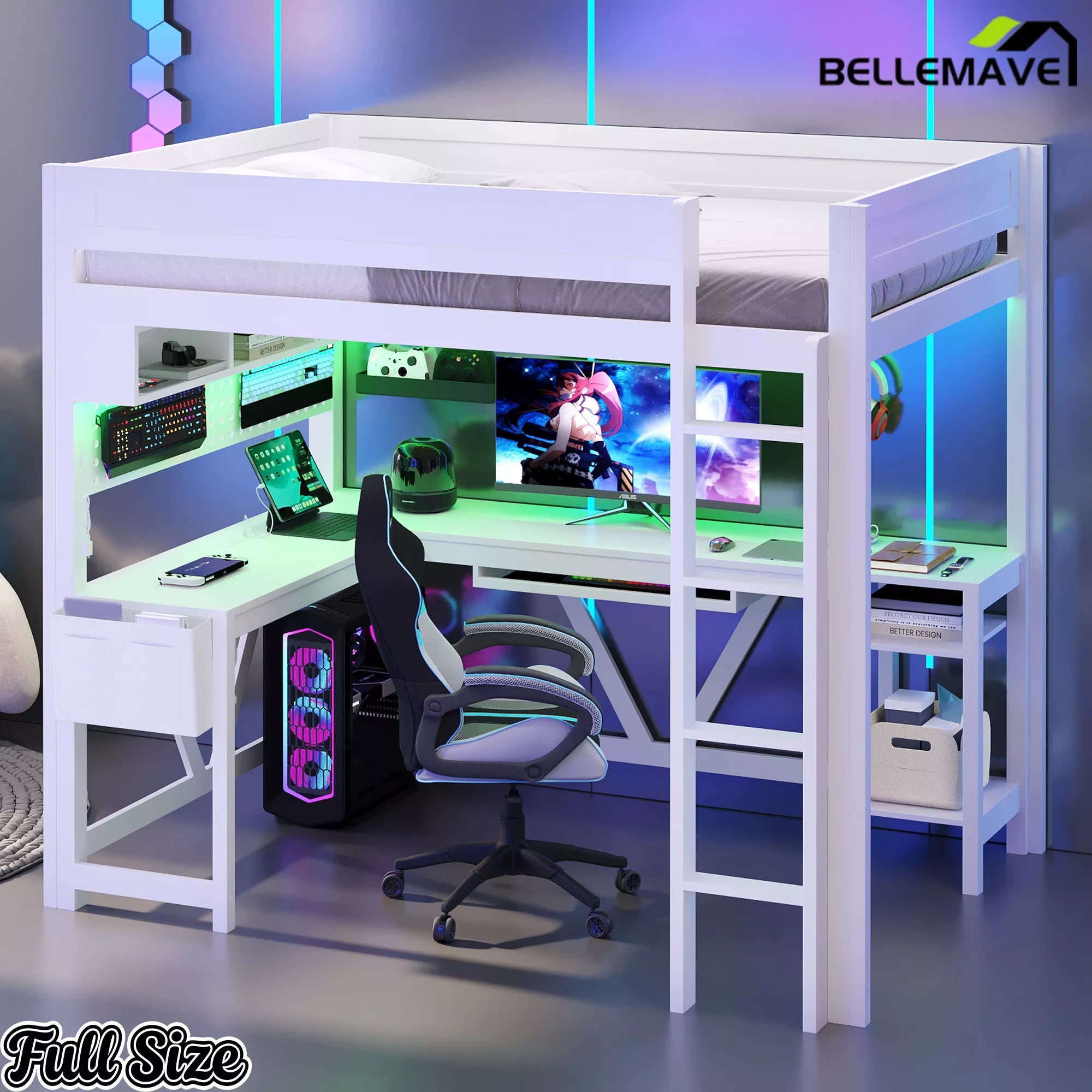 Bellemave® Gaming Loft Bed with Desk, Full Size Loft Bed with LED Lights, Storage Shelves & Charging Station - Bellemave