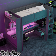 Bellemave® Gaming Loft Bed with Desk, LED and Charging Station, Loft Bed Frame with Multi - Storage Shelves, Dark Gray - Bellemave
