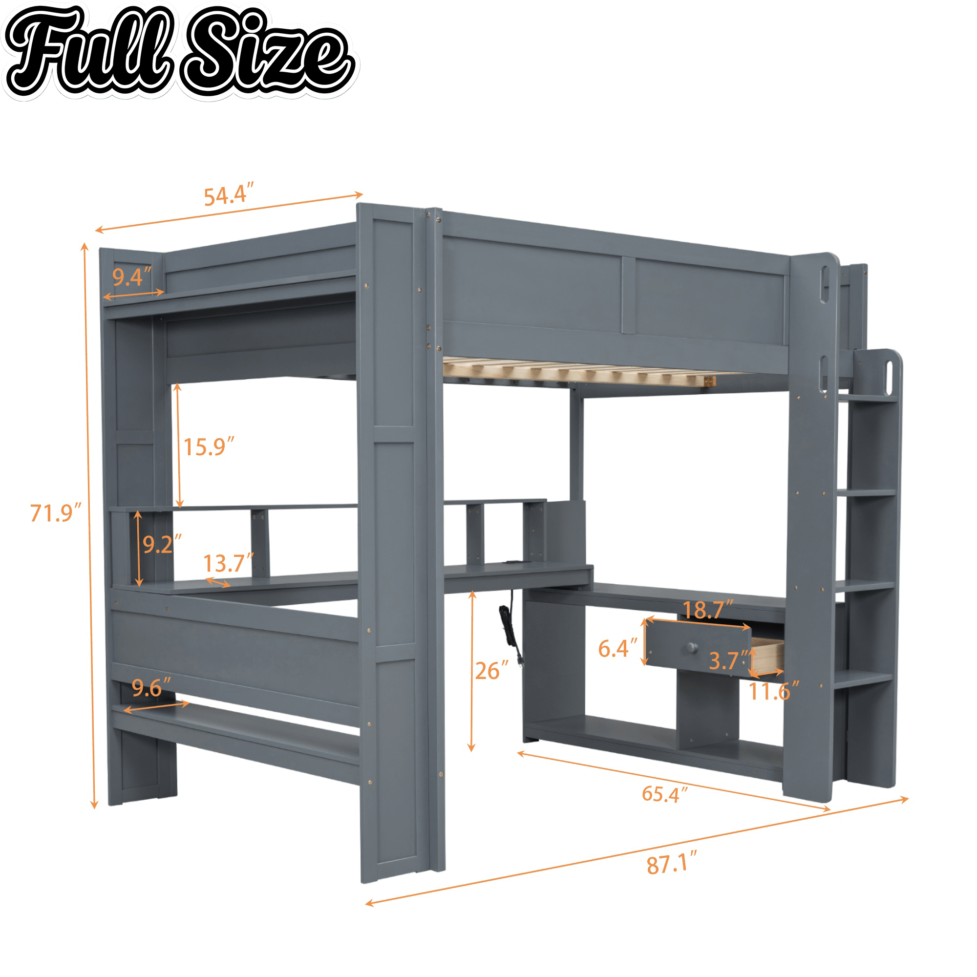 Bellemave® Gaming Loft Bed with Desk, LED and Charging Station, Loft Bed Frame with Multi - Storage Shelves, Dark Gray - Bellemave