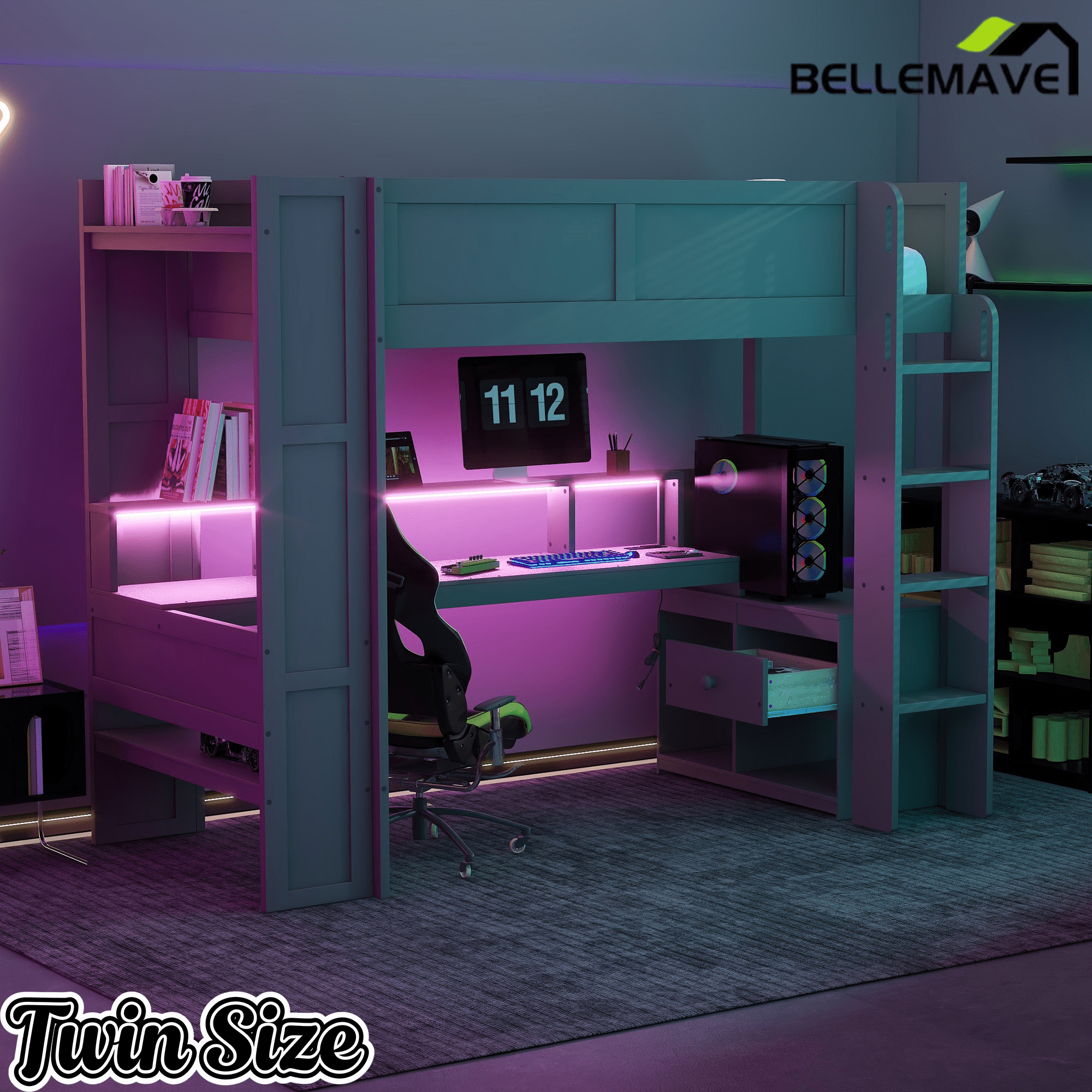 Bellemave® Gaming Loft Bed with Desk, LED and Charging Station, Loft Bed Frame with Multi - Storage Shelves, Dark Gray - Bellemave