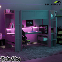 Bellemave® Gaming Loft Bed with Desk, LED and Charging Station, Loft Bed Frame with Multi - Storage Shelves, Dark Gray - Bellemave