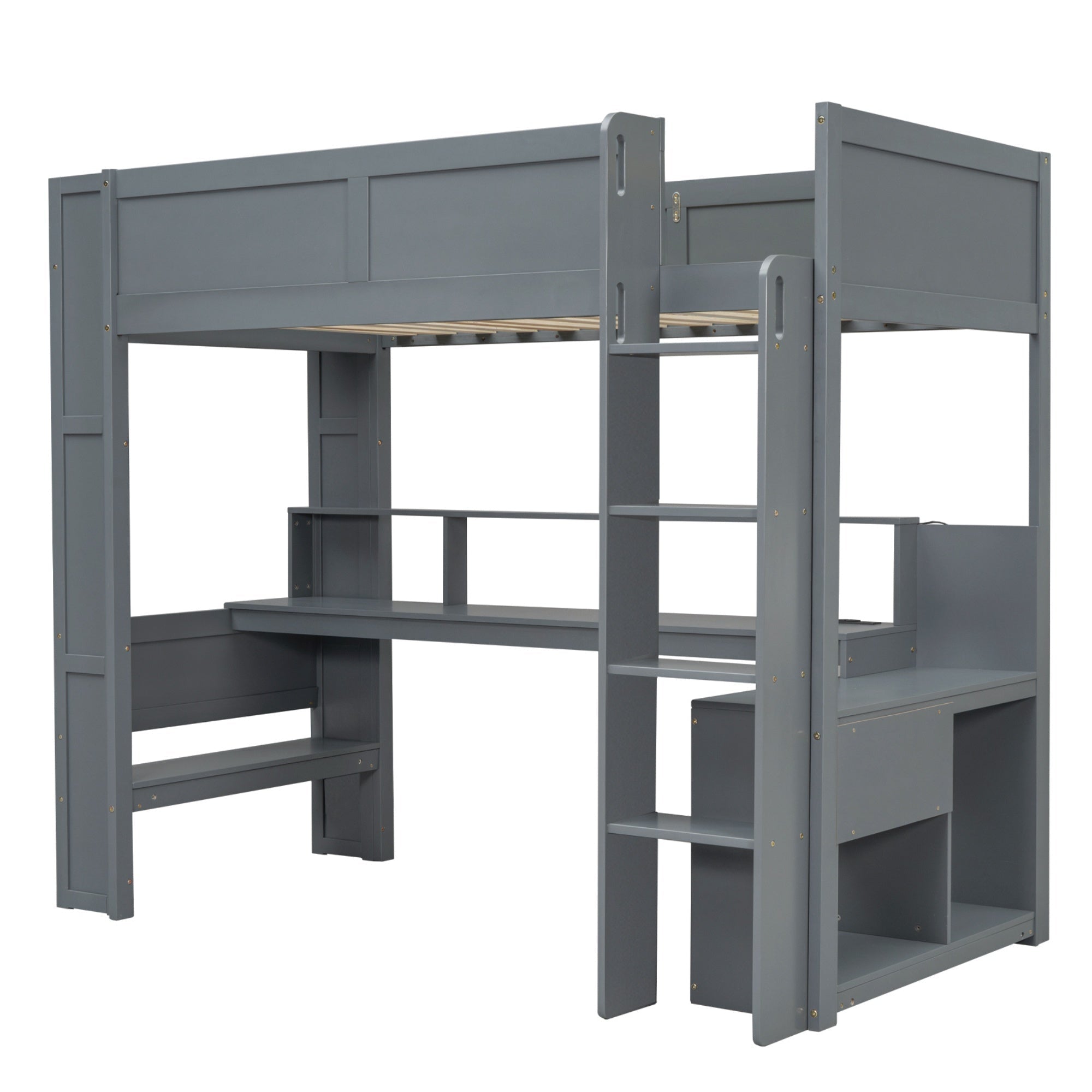 Bellemave® Gaming Loft Bed with Desk, LED and Charging Station, Loft Bed Frame with Multi - Storage Shelves, Dark Gray - Bellemave