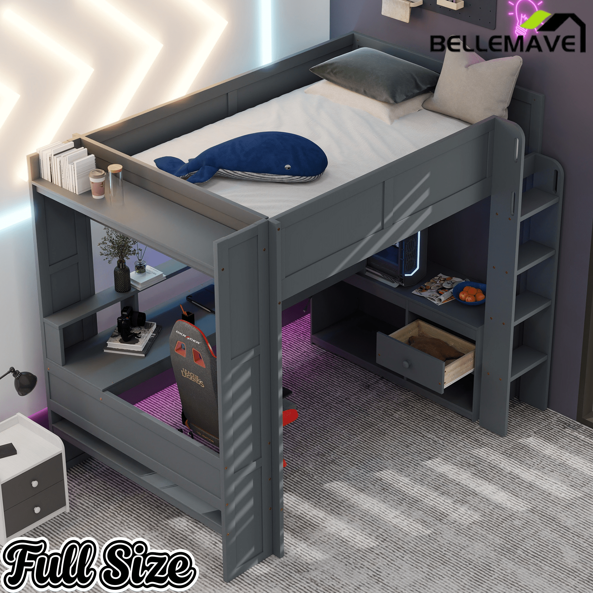 Bellemave® Gaming Loft Bed with Desk, LED and Charging Station, Loft Bed Frame with Multi - Storage Shelves, Dark Gray - Bellemave