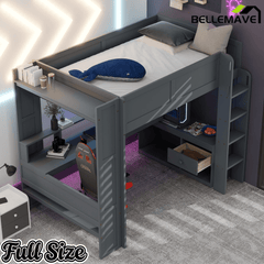 Bellemave® Gaming Loft Bed with Desk, LED and Charging Station, Loft Bed Frame with Multi - Storage Shelves, Dark Gray - Bellemave