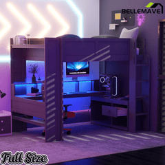 Bellemave® Gaming Loft Bed with Desk, LED and Charging Station, Loft Bed Frame with Multi - Storage Shelves, Dark Gray - Bellemave