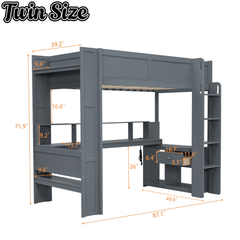 Bellemave® Gaming Loft Bed with Desk, LED and Charging Station, Loft Bed Frame with Multi - Storage Shelves, Dark Gray - Bellemave