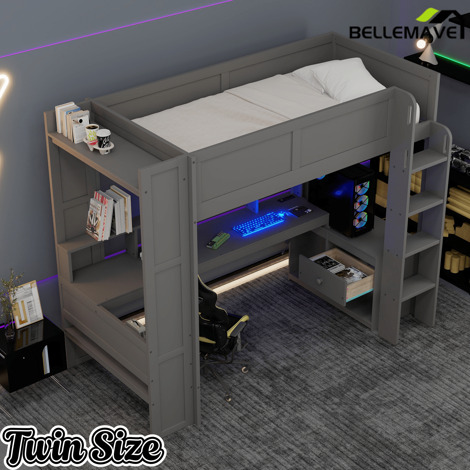 Bellemave® Gaming Loft Bed with Desk, LED and Charging Station, Loft Bed Frame with Multi - Storage Shelves, Dark Gray - Bellemave