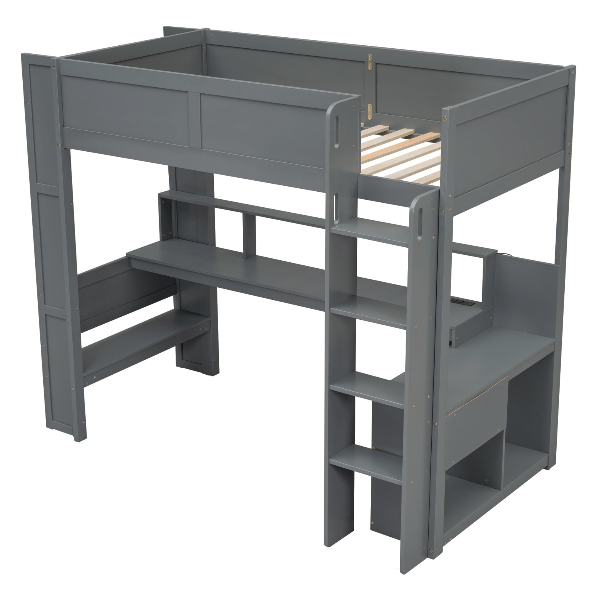 Bellemave® Gaming Loft Bed with Desk, LED and Charging Station, Loft Bed Frame with Multi - Storage Shelves, Dark Gray - Bellemave