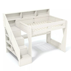 Bellemave® Gaming Loft Bed with Desk, LED Light & Storage Stairs, Elevated Loft Bed Frame with Open Shelves - Bellemave