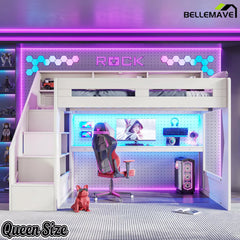 Bellemave® Gaming Loft Bed with Desk, LED Light & Storage Stairs, Elevated Loft Bed Frame with Open Shelves - Bellemave