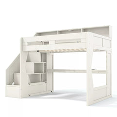 Bellemave® Gaming Loft Bed with Desk, LED Light & Storage Stairs, Elevated Loft Bed Frame with Open Shelves - Bellemave