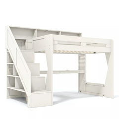 Bellemave® Gaming Loft Bed with Desk, LED Light & Storage Stairs, Elevated Loft Bed Frame with Open Shelves - Bellemave