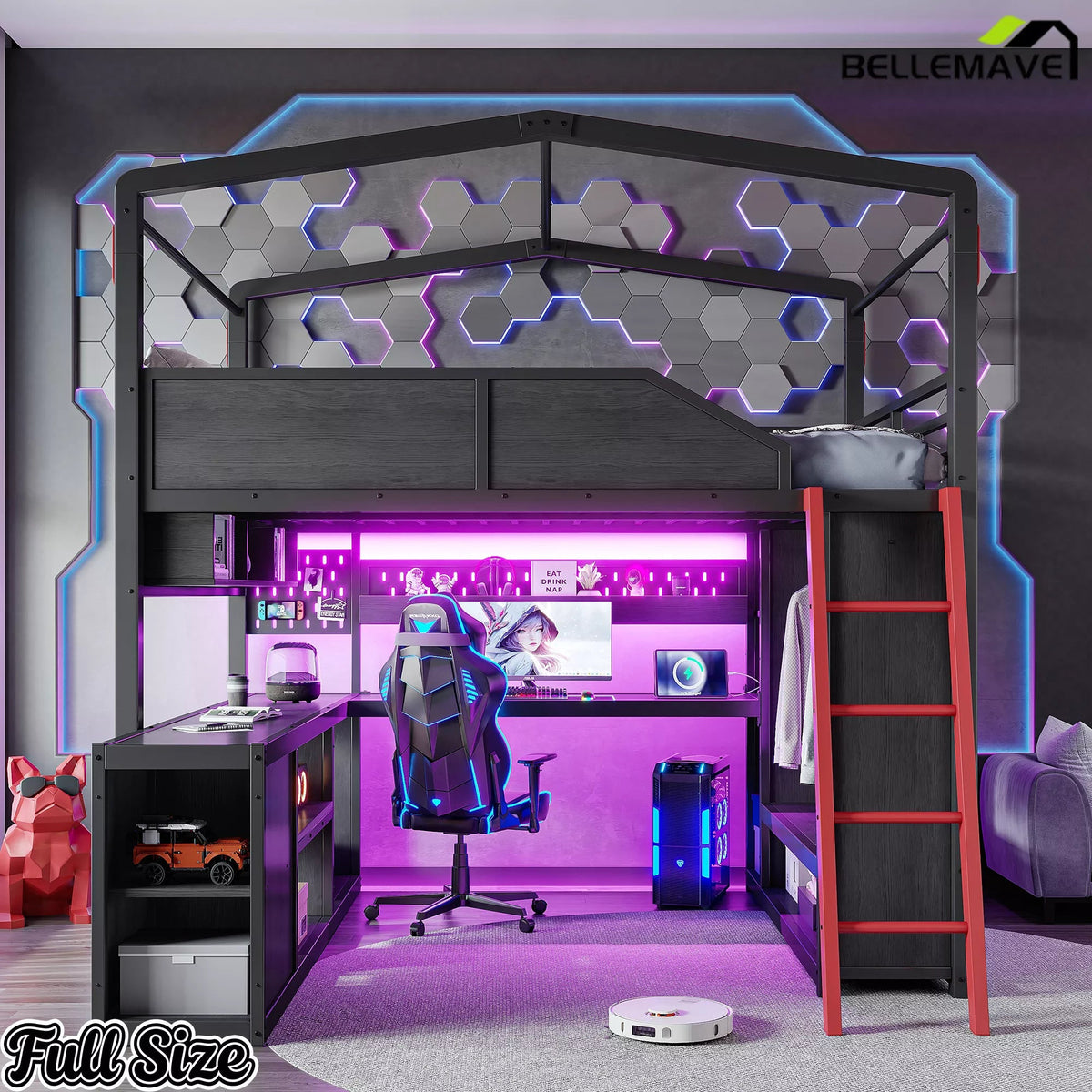 Full Size Metal House Loft Bed with Desk