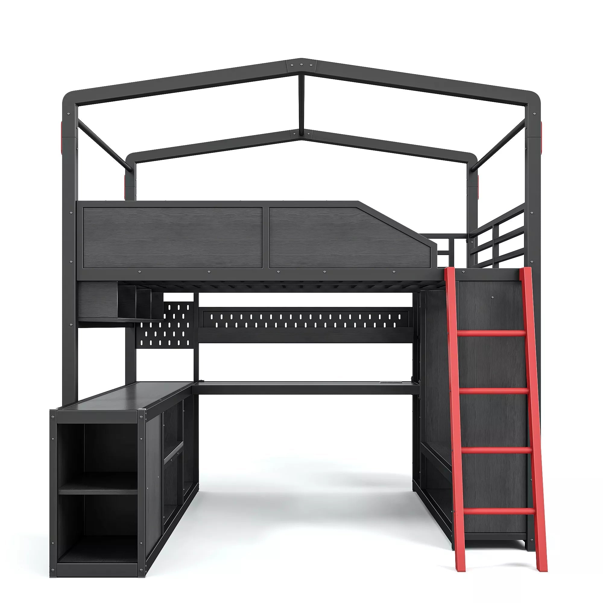 Gaming Loft Bed with Desk and Storage Shelf Front View