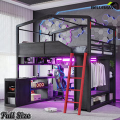 Full Size Gaming Loft Bed with LED Lights
