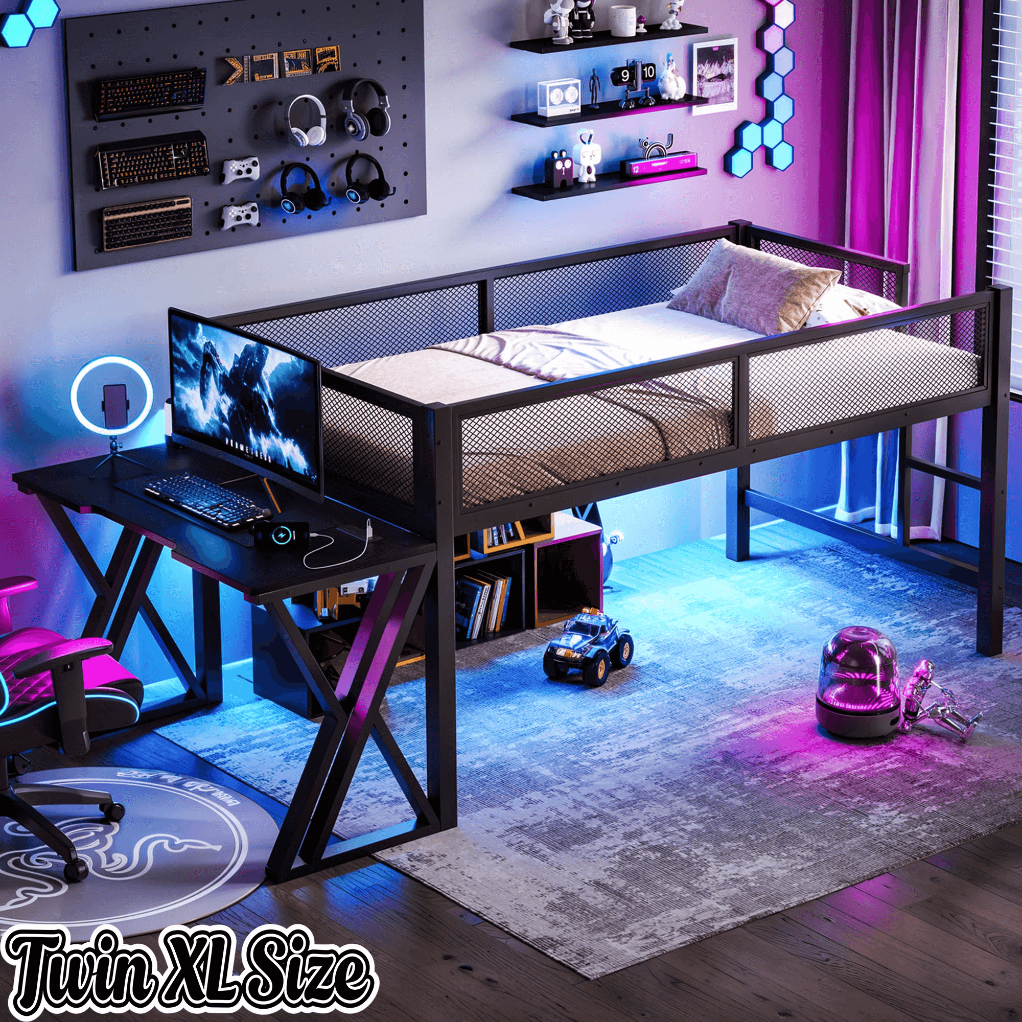 Bellemave® Gaming Loft Bed with Desk, USB Ports & LED Lights, Metal Loft Bed Frame with Mesh Guardrails, Space - Saving, Black - Bellemave
