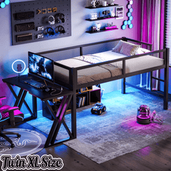 Bellemave® Gaming Loft Bed with Desk, USB Ports & LED Lights, Metal Loft Bed Frame with Mesh Guardrails, Space - Saving, Black - Bellemave