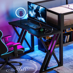 Bellemave® Gaming Loft Bed with Desk, USB Ports & LED Lights, Metal Loft Bed Frame with Mesh Guardrails, Space - Saving, Black - Bellemave